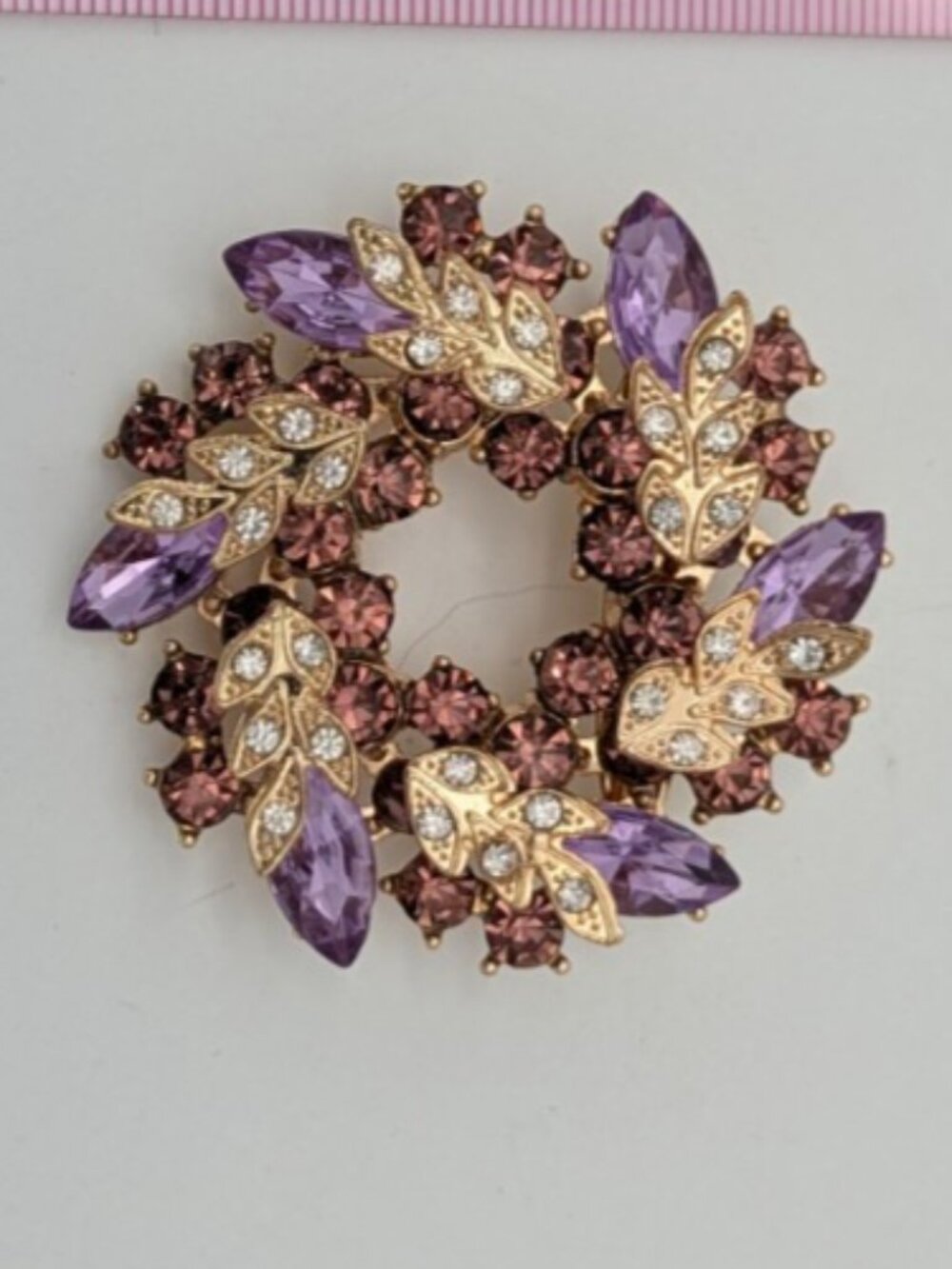 Gold tone purple Rhinestone Wreath Flower Wedding Bouquet Brooch Pin